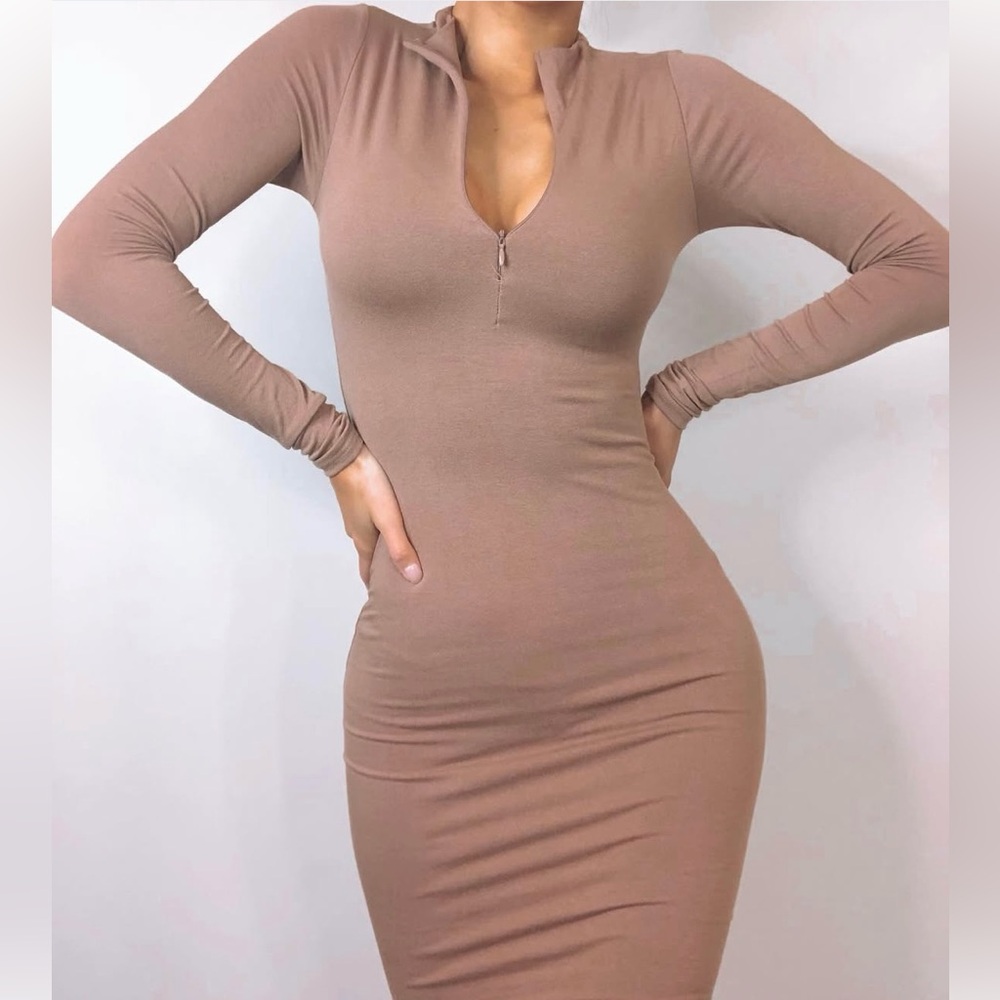 NEW Long Sleeve Zip-Neck Bodycon Dress - Brown